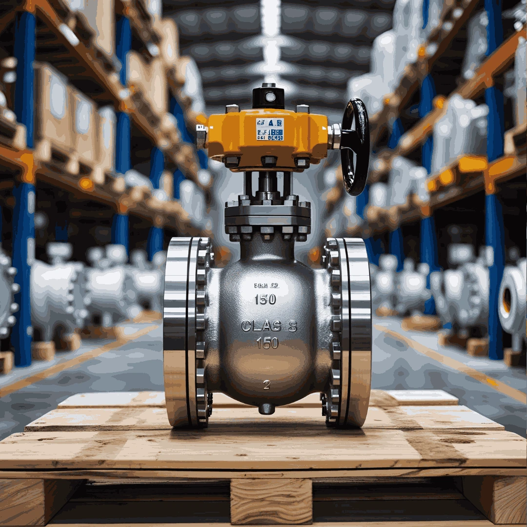 Industrial valves of various sizes and types displayed on a metal rack in a warehouse